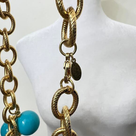 Vintage Kenneth Jay Lane Chunky Turquoise Blue & Gold Beaded Dangle Necklace 30” - Picture 7 of 8